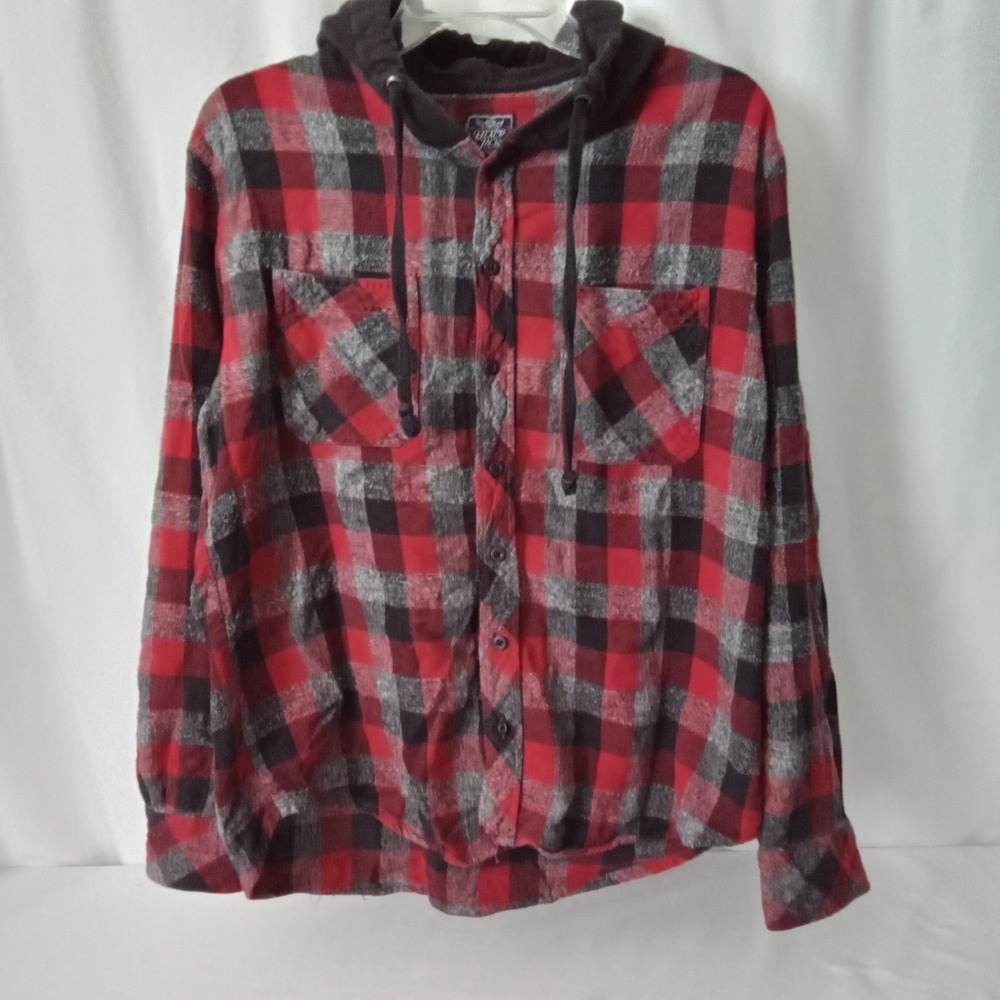 Black Jack Womens Red Black Buffalo Plaid Hooded Flannel Shirt Size L Button Up
